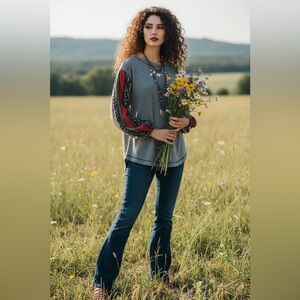 Hannah Boho Mixed Print Sleeve Top Gray Ribbed Knit Paisley Small